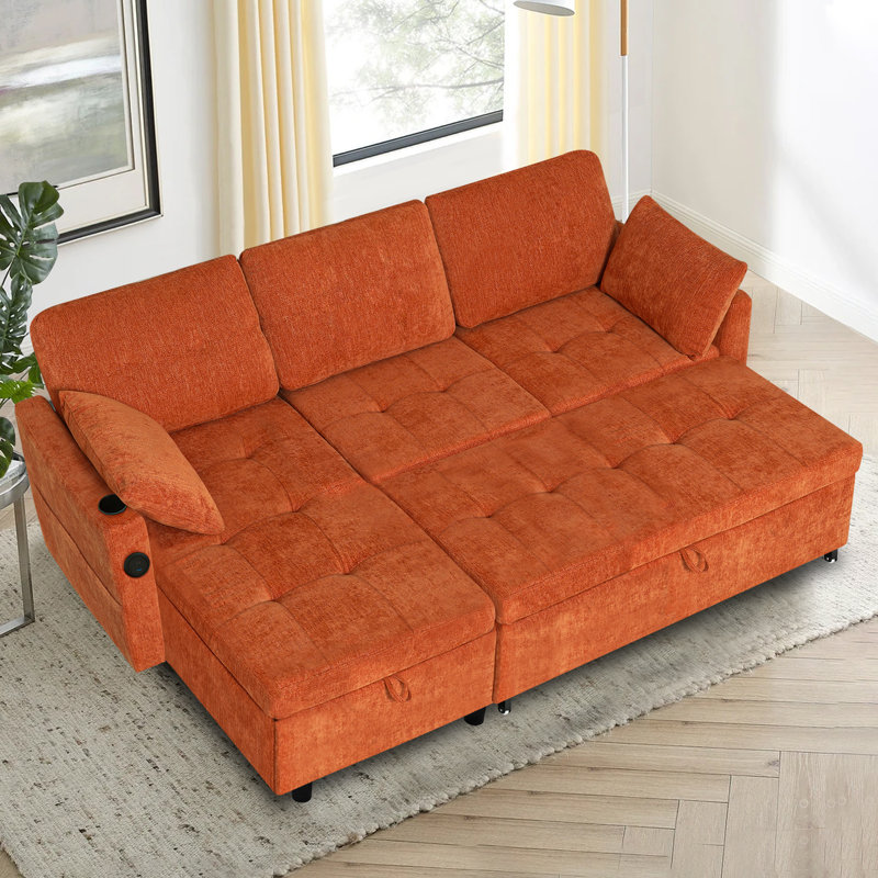 84" Reversible Sectional Pull-Out Sofa Bed With Adjustable Backrest, Modern L-Shape Sofa With Storage Chaise, 3-Seat Convertible Couch With Usb Charging Port For Living Room, Apartment, House