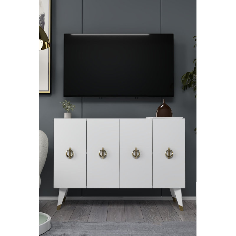 Console moderne blanche et dorée, 47,2 po x 31,5 po x 11,6 po | 100% panneau de particules enduit de mélamine, épaisseur: 0,71 pouce | Fixation murale avec de nombreuses tablettes, design élégant et fonctionnel pour le salon et le vestibule