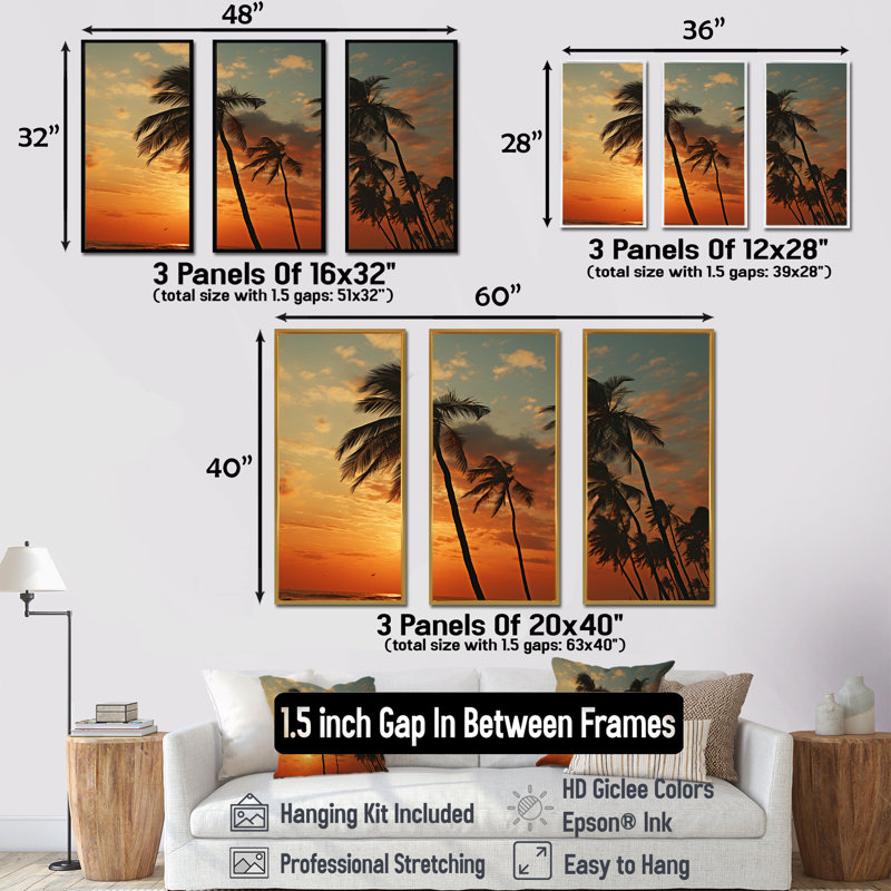 «Tropical Elegance Breeze Sunset», ensemble d'art mural sur toile palmiers et palmiers, Cadre flottant noir