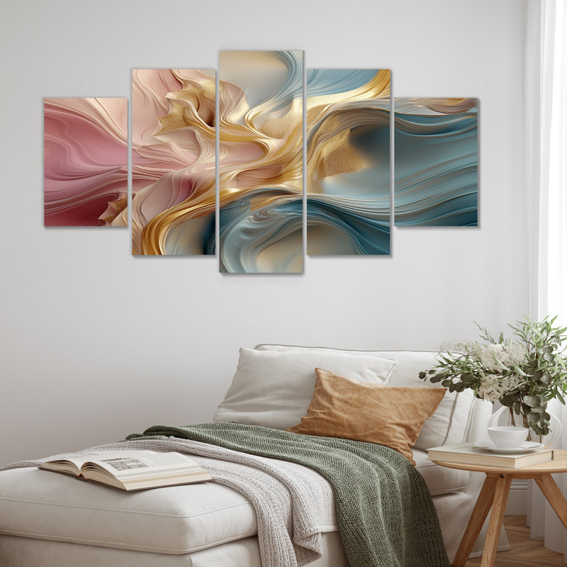 «Pastel liquide», art mural abstrait bleu pastel rose et or pour le salon, 5 pièces, H 32 po x l 60 po