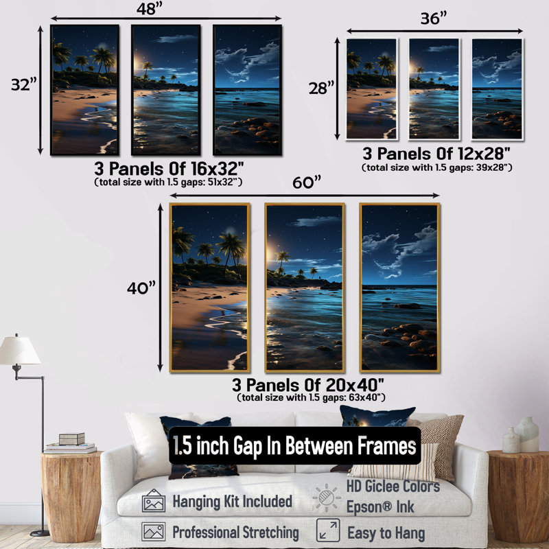 Mystic Tropical Beach Moonlight III - Art mural plage, Cadre flottant blanc, H 32 po x l 48 po x P 1 po