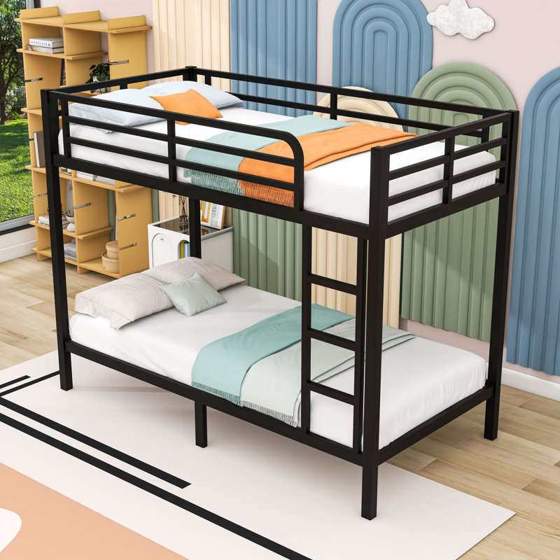 Metal Bunk Bed With Guardrails And Ladder, Black, Twin XL Over Twin XL