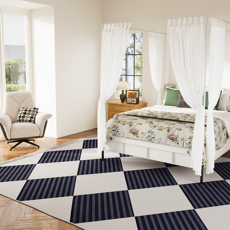 Simple Fresh Square Pattern Non-Slip Bottom Cotton Fabric Retro Senior Black Carpet Fringed Area Rug, Rectangle 4' x 6'