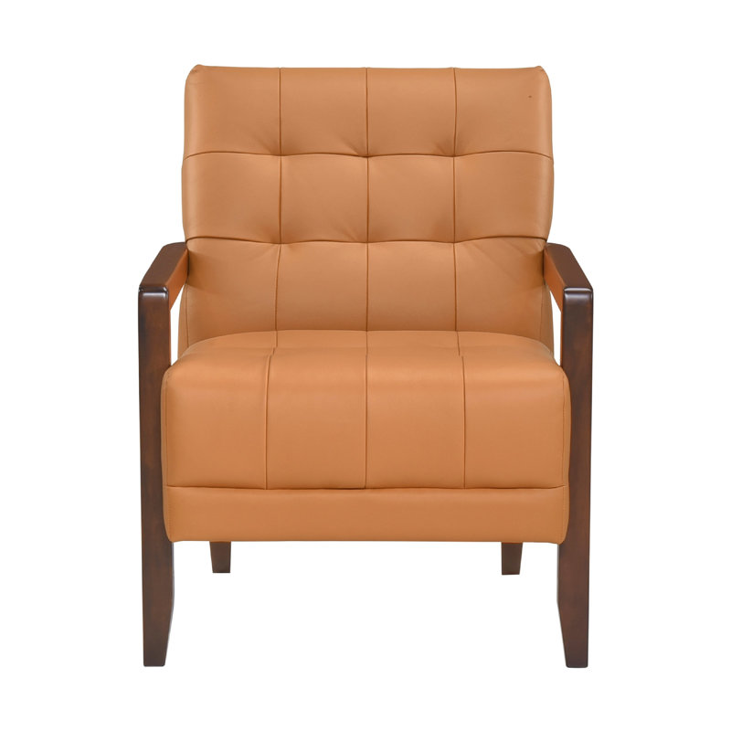 Fauteuil Lenie, cuir capitonné, bois de noyer, Orange