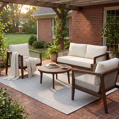 Ensemble de canapé d'extérieur 4 pièces, structure en bois d'acacia avec détails en corde, coussins beiges hydrofuges pour patio / cour arrière / terrasse, finition brun foncé