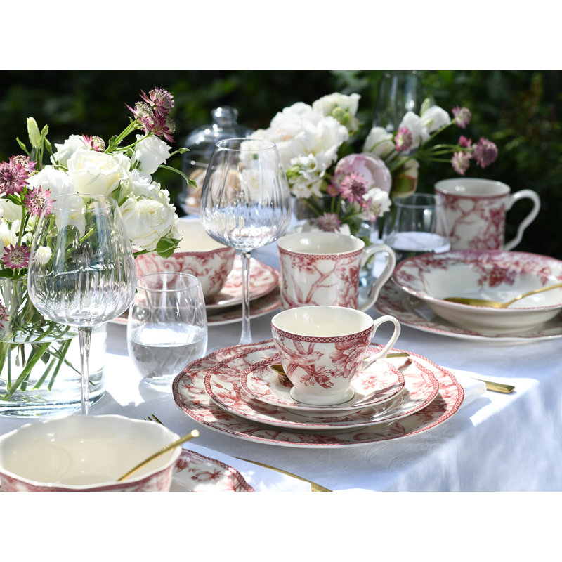 Adelaide Piece Porcelain China Dinnerware Set - Service for 4, White/Red