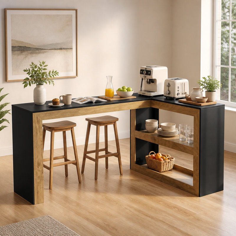 Table de bar en L, table de hauteur comptoir moderne avec tablettes de rangement pour la cuisine