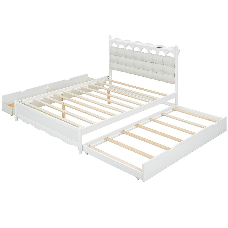 Lit plateforme avec rangement en bois avec 2 grands tiroirs, lit double de taille XL, ensemble de prises et ports USB