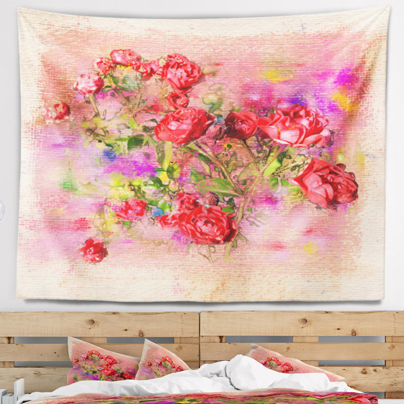Tapisserie d’illustration de craie florale roses, H 32 po x l 39 po