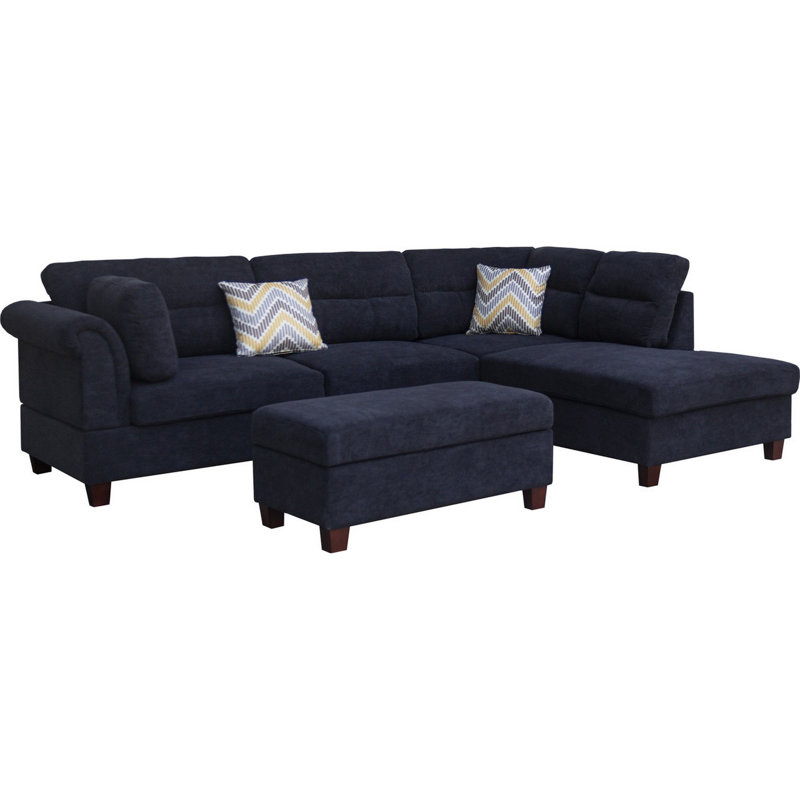 Arora 103.5" Sectional Sofa with Storage Ottoman & 2 Accent Pillows, Black 100% Linen