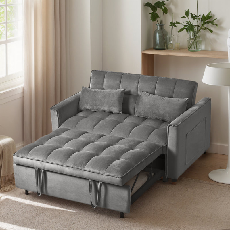 Upholstered Convertible Sofa Bed  3-in-1 Pull Out Sleeper Sofa with 2 Pillows, 30" H x 55" W x 32.7" D, Black Velvet