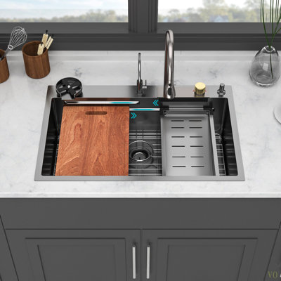 Drop In Waterfall Kitchen Sink - 33*22 Inch Single Bowl 16 Gauge Stainless Steel Ledge Workstation Kitchen Sinks With Pull-Out Faucet & Cup Washer