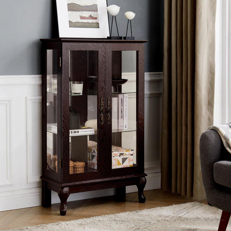 Glass Cabinet with Tempered Glass Doors with Adjustable Shelves, Cherry