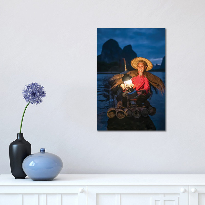 Chinese cormorant fisherman at night on the Li river, Guangxi, Yangshuo, China 1 Piece Wrapped Canvas Wall Art