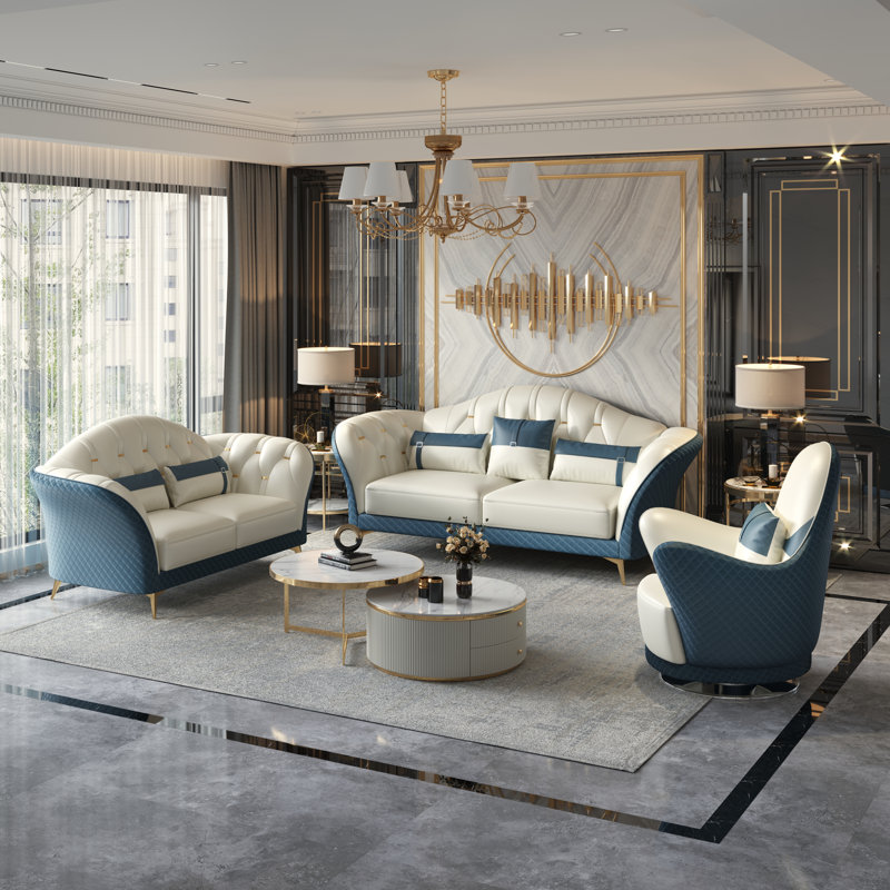 3 Pieces Amalia Sofa Set White Orange Italian Leather, Off White/Blue Genuine Leather