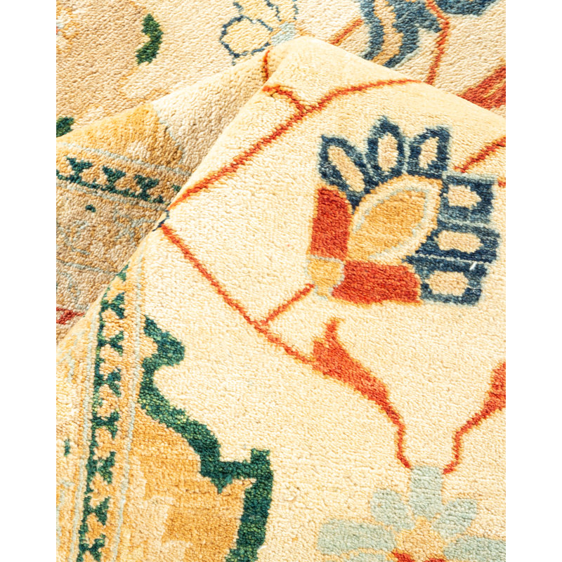 Tapis unique noué à la main ivoire / orange / vert Shirlane de 8 pi 1 po x 10 pi 3 po Shirlane