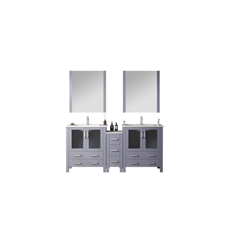 Meuble-lavabo double l 72 po x P 18,25 po avec armoire latérale, dessus en céramique blanche et miroirs 28 po Volez