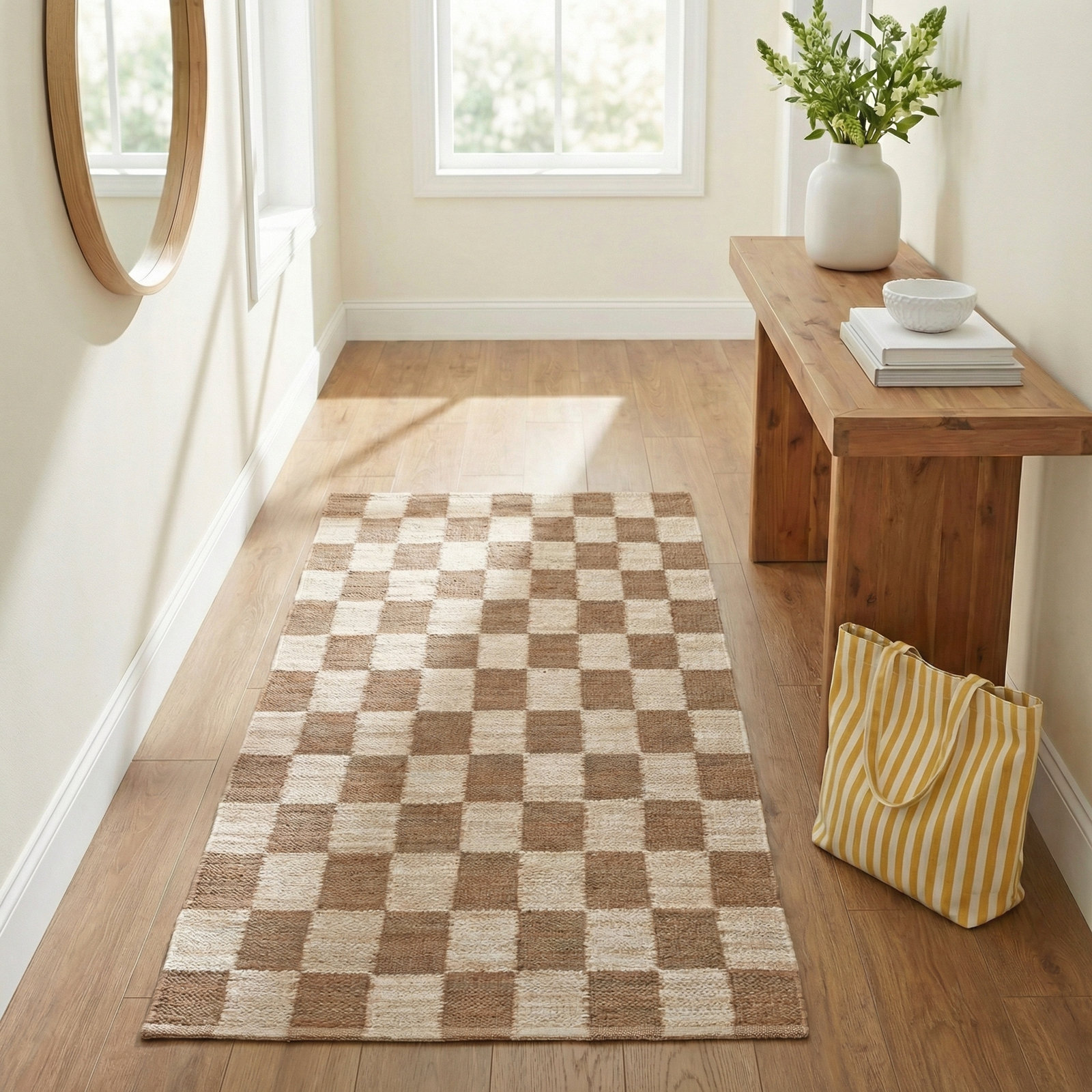 Madalene Checkerboard Natural and Ivory Rug, Runner 2'6" x 8'