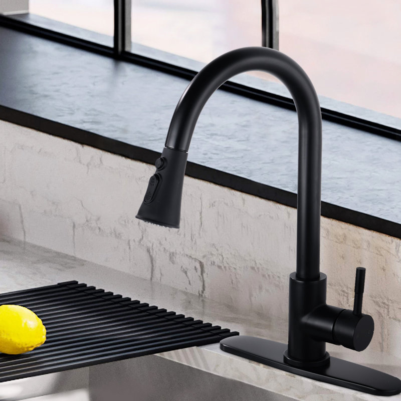 Matte Black Kitchen Faucet With Stainless Steel Construction, Corrosion , 360 Swivel, 1.8Gpm Flow Pull Down Faucet, Steel, To Fingerprints & Corrosion, 20'' Hose Length, Rate