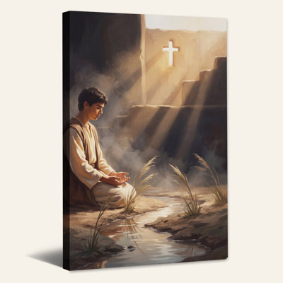 Praying Man Beside Stream With Glowing Cross Canvas Wall Art