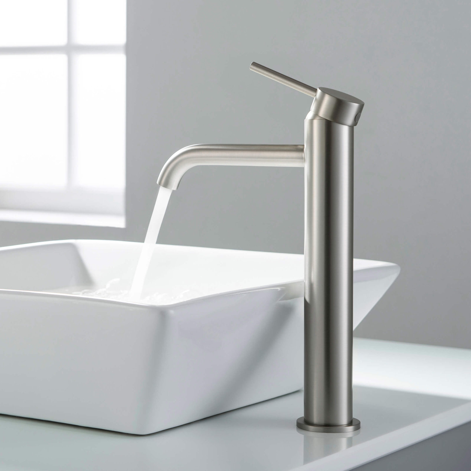 Vessel Sink Bathroom Faucet, Brushed Nickel, With Drain Assembly