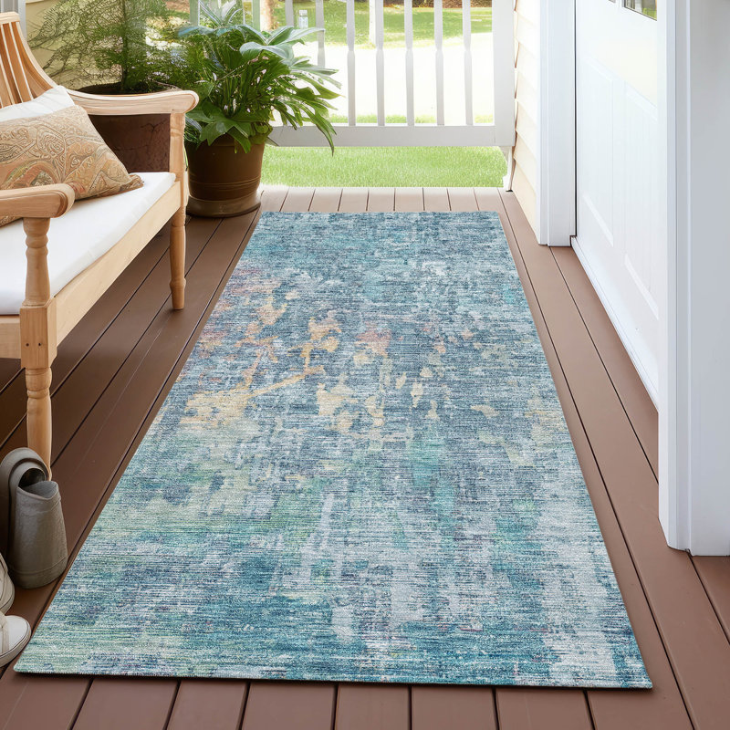 Machine Washable Indoor/Outdoor Claudian ACN1237 Blue Rug, Runner 2'3" x 7'6"
