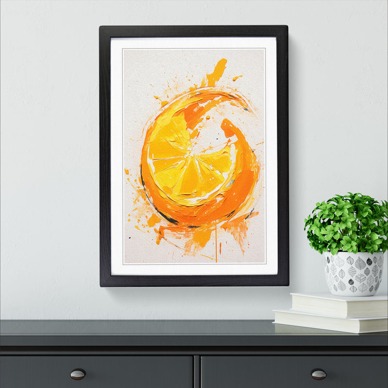 Orange Fruit Gestural - Single Picture Frame Print on Wood, 64cm H x 46cm W x 2cm D, Black