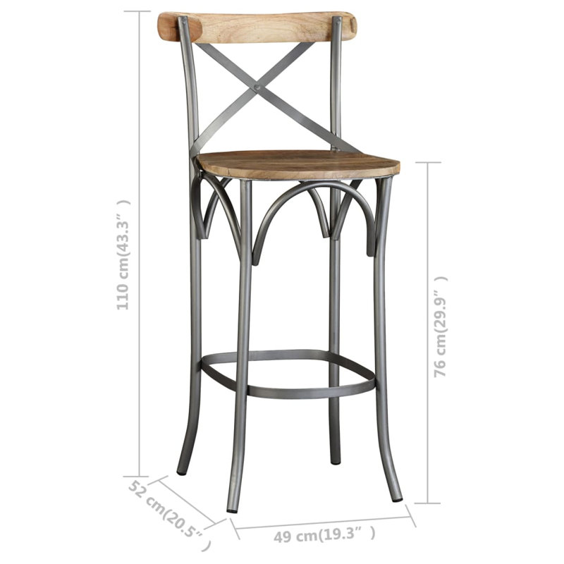 Rustic Industrial Mango Wood and Steel Bar Stool with Cross Back