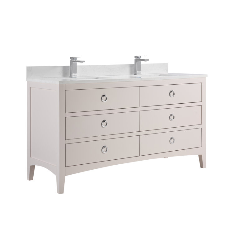 60" Solid Wood Sink Vanity With 1" Artificial Stone Top, Dreamy White, Polished Chrome