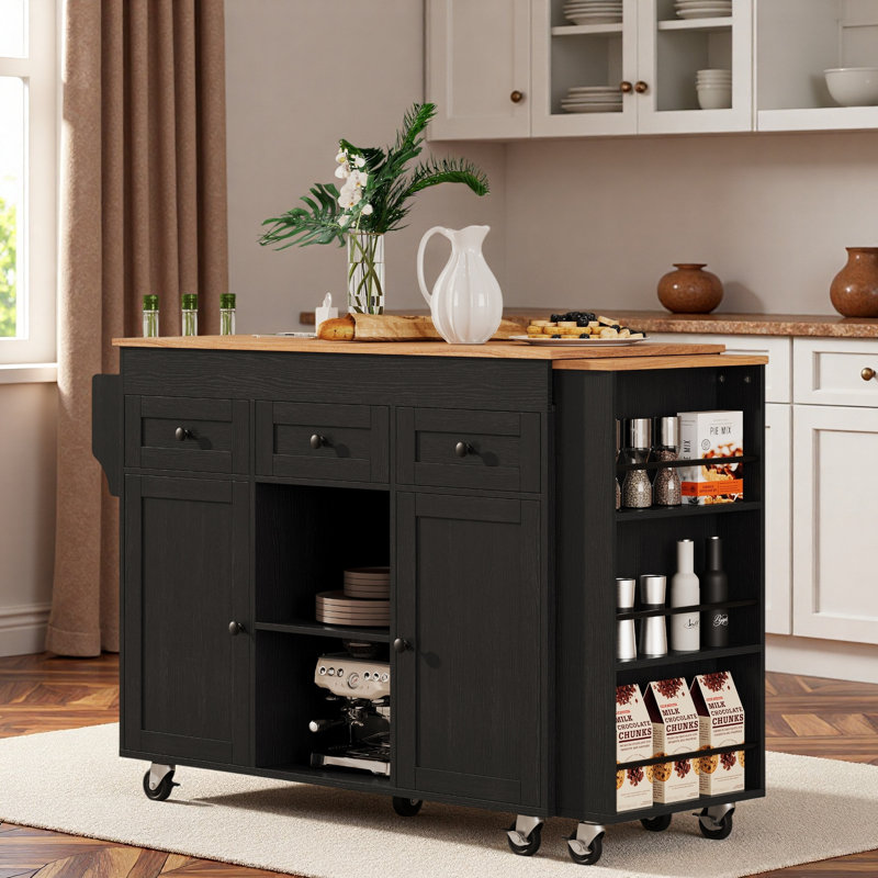 Rolling Kitchen Island With Extendable Dining Table, Charging Station, Three-tier Open Side Storage Rack, 3 Drawers And 2 Storage Cabinets