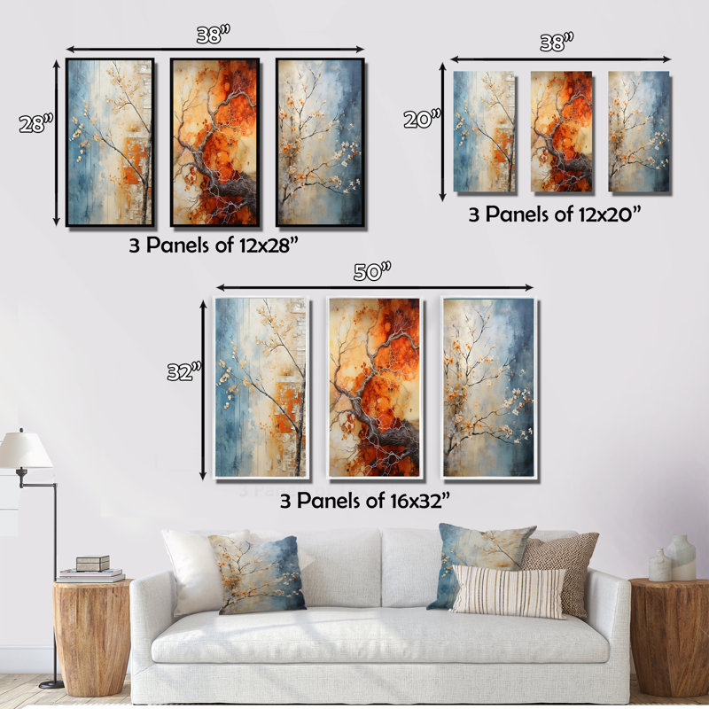 «Orange Teal Maple Tree Glowing Embers», 3 pièces sur toile, Cadre flottant doré, H 40 po x l 60 po
