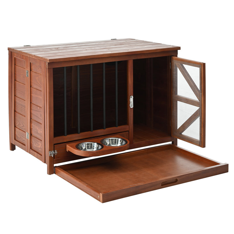 Table de bout pour caisse de chien en bois massif 33 po avec design pliable, mangeoire rotative et plateau amovible