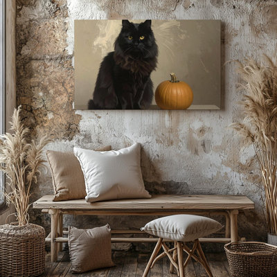 Wall Art Regal Black Cat And Golden Pumpkin Mystical Halloween Guardian Art Canvas Ready To Hang Gallery Wrapped Home Decor Modern Design