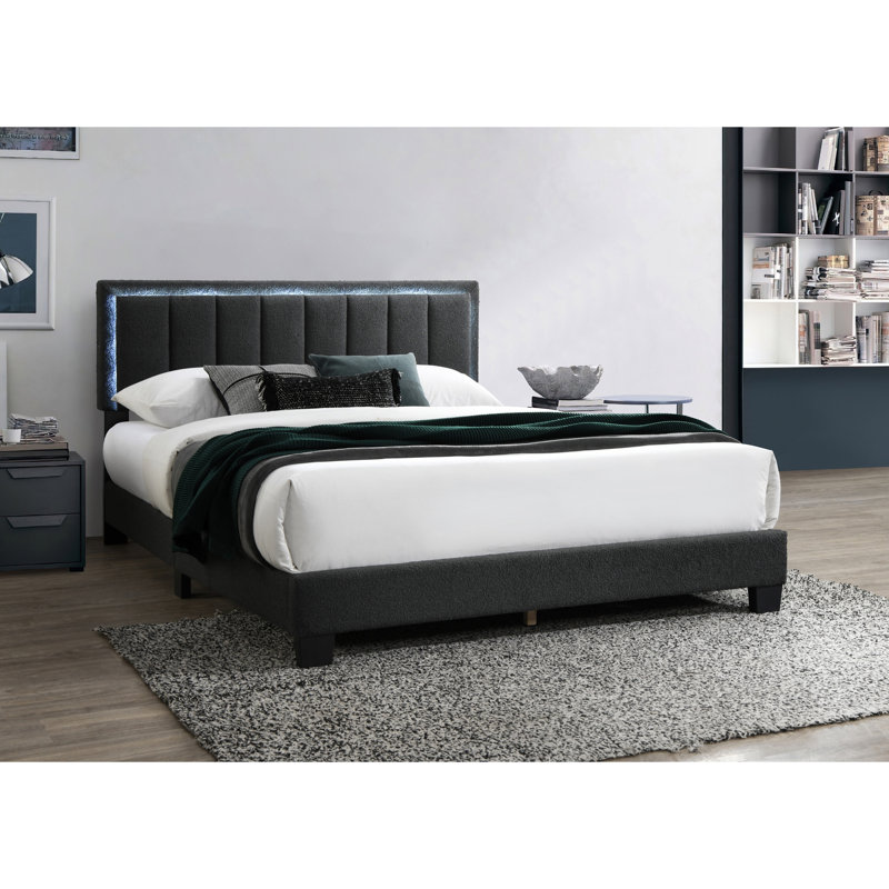 Contemporary Style Queen Bed, Charcoal Wool, Bedroom, Built Led Headboard Size Full Upholstery, Channel Tufting, For Bedroom