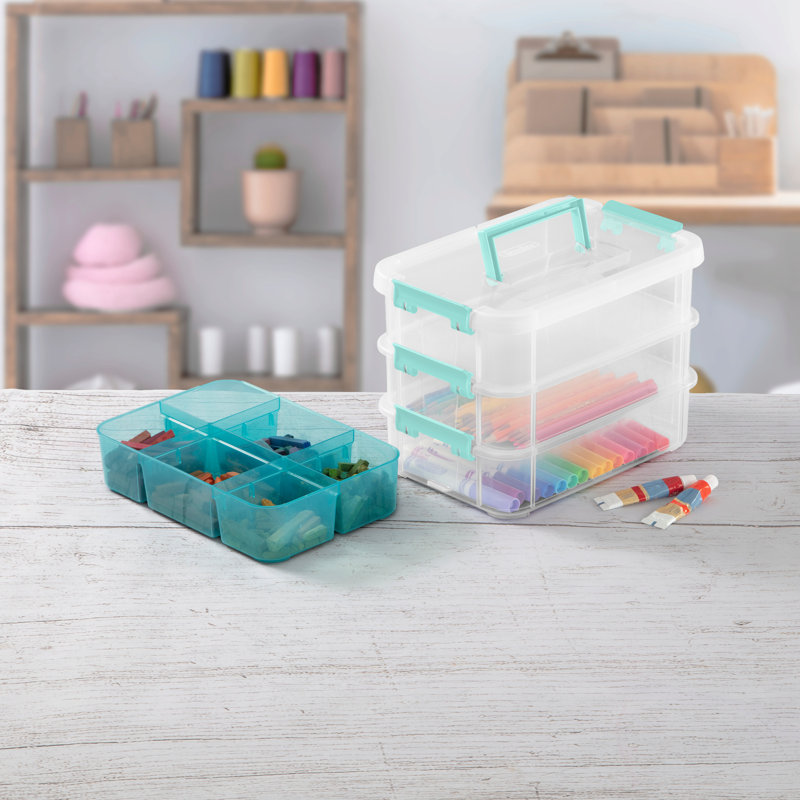 Sterilite Stack and Carry 3 Layer Handle Box, Tray, Small Storage Latch Lid Container to Organize