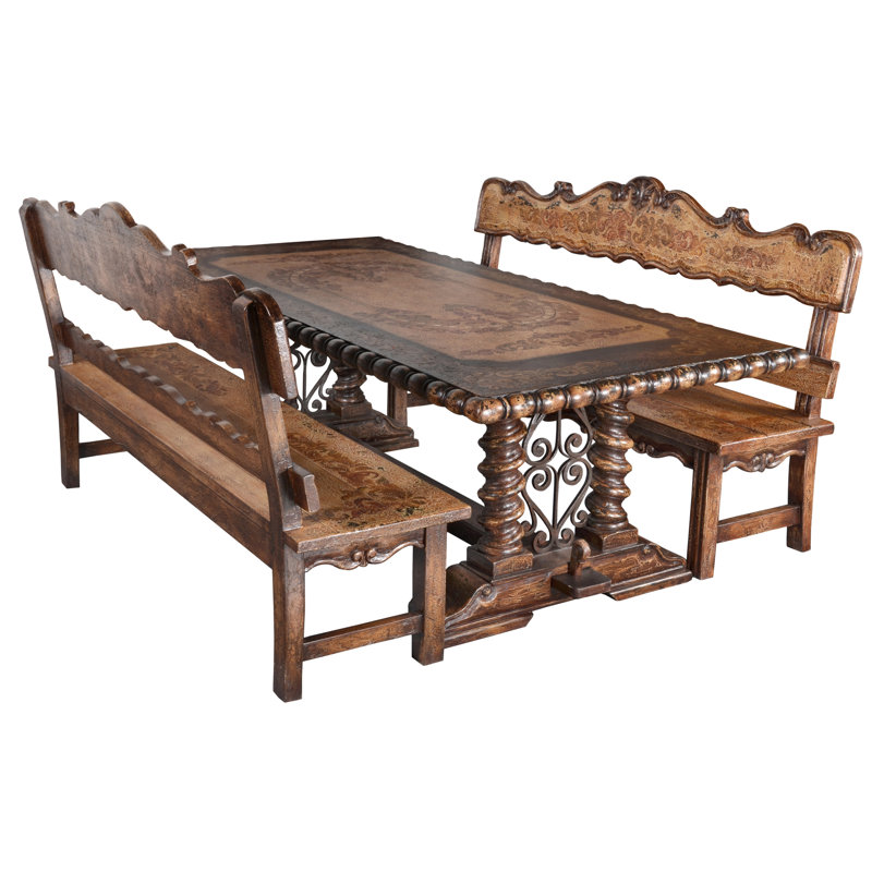 Belruse Spanish-Influenced Mahogany Dining Table Set with Benches