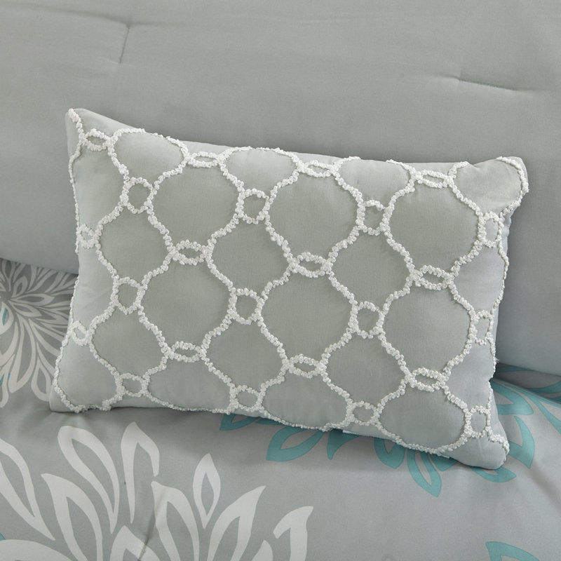 Aqua and Gray Floral Microfiber Full Comforter Set