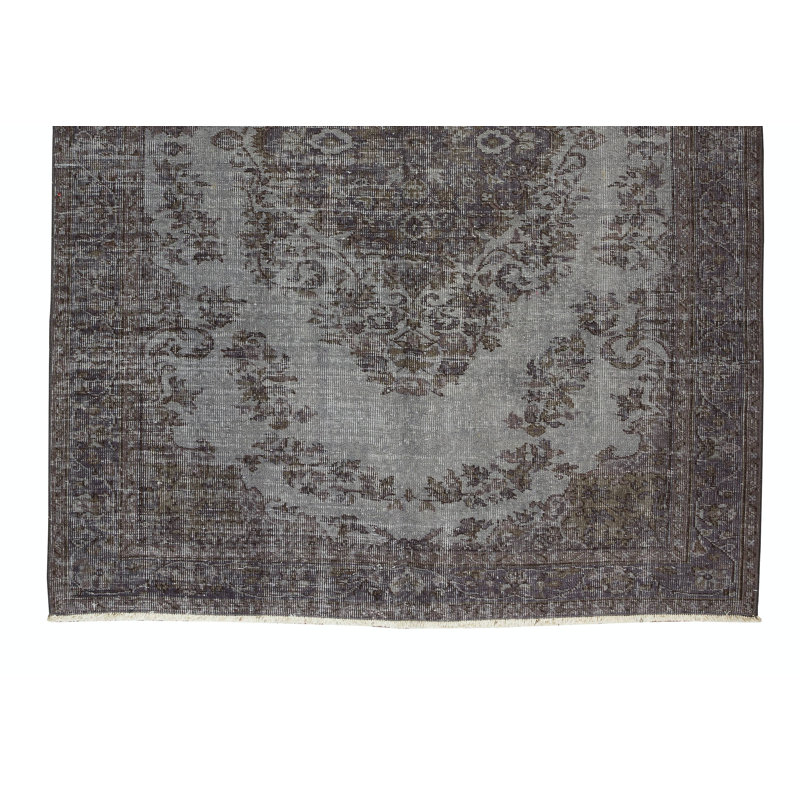 Tapis turc 5,5 pi x 7,6 pi avec motif médaillon surteint en gris moderne noué à la main