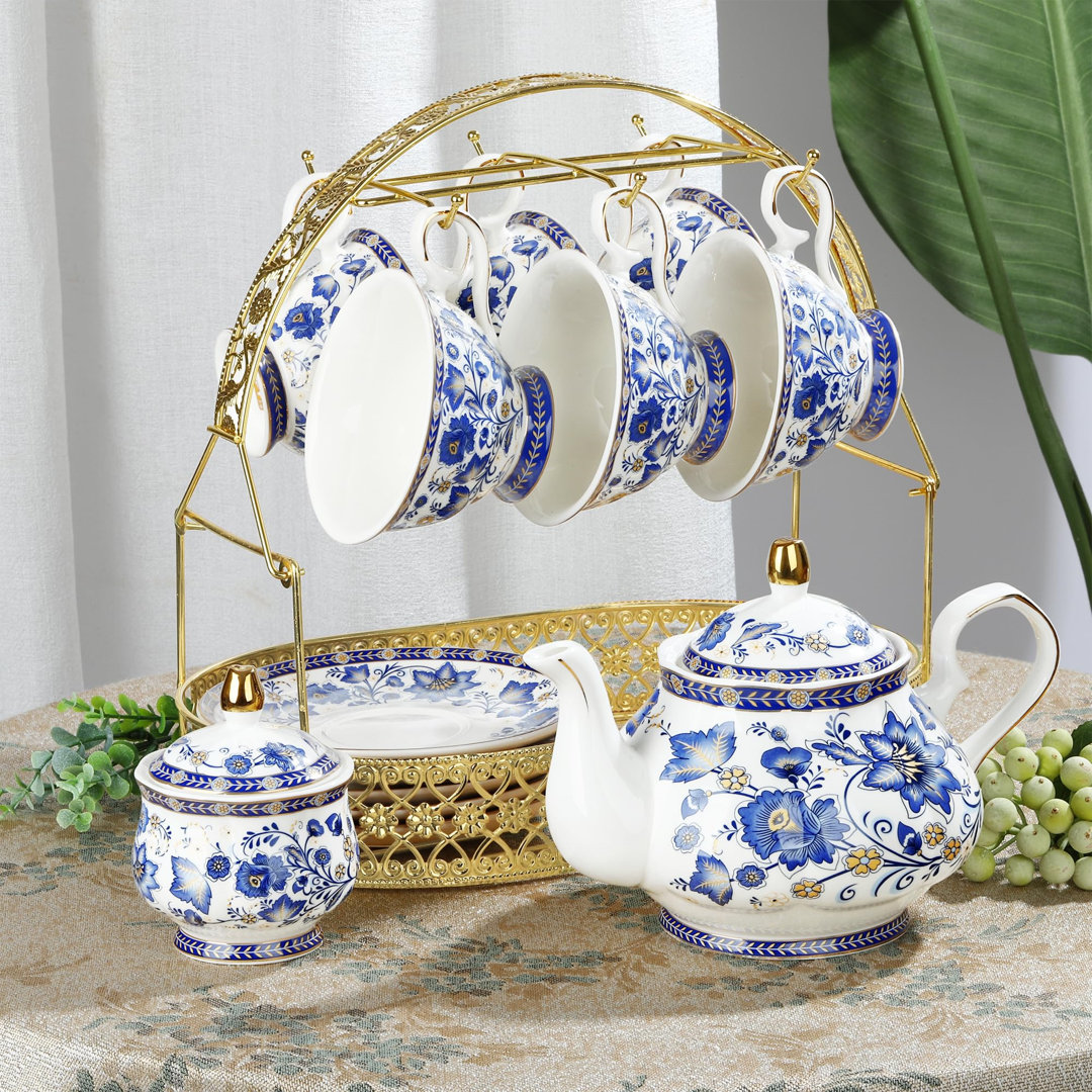 Blau Blume Porzellan Teeservice Mit Metallständer, Vintage Porzellan Kaffeetasse Und Untertasse, Englische Kaffeeservice...