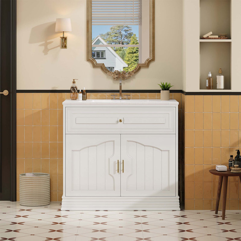 Meuble-lavabo de luxe 36 po avec lavabo en céramique, meuble-lavabo avec 2 grandes portes à fermeture douce et meuble de rangement en bois massif
