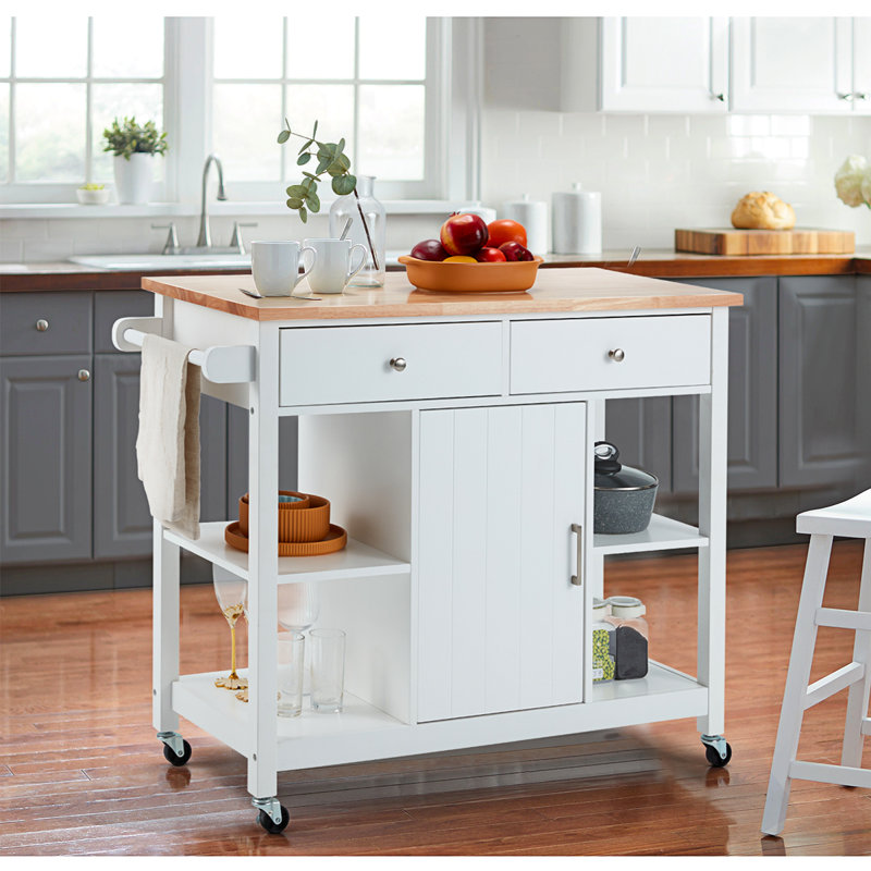 Chariot pour îlot de cuisine roulant avec grands tiroirs, porte-serviettes, armoires à compartiments, tablettes de rangement ouvertes, îlot de cuisine avec plateau en bois d'hévéa, pieds en pin, roues verrouillables noires