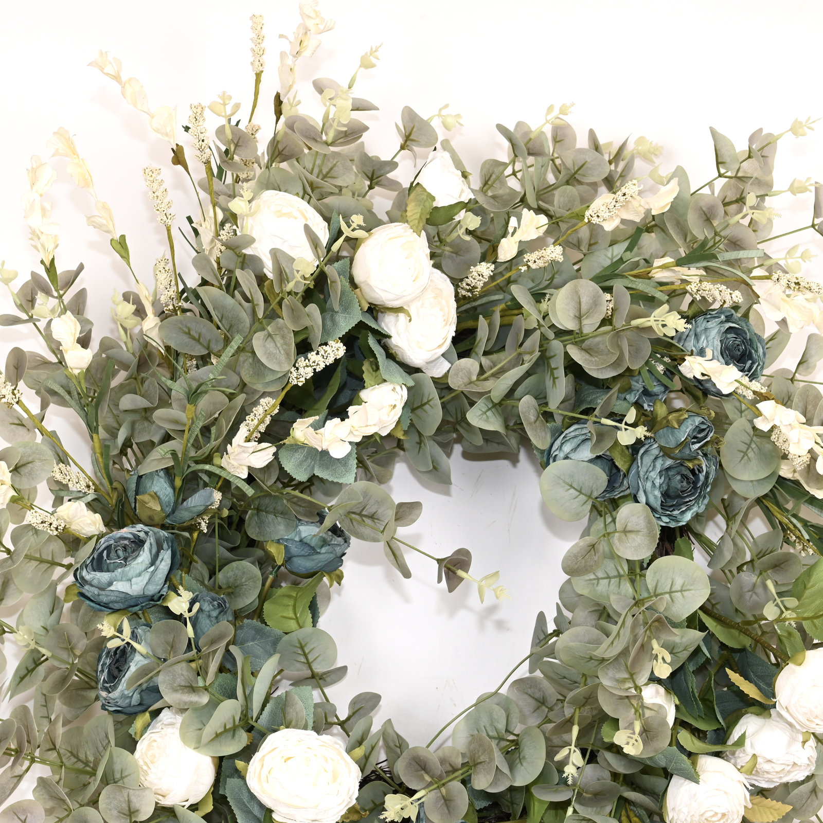 26" Handcrafted Eucalyptus Rose Everyday Wreath, Green/Blue/White