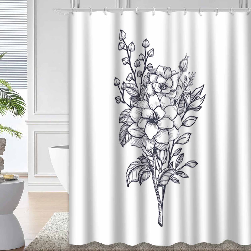 Rideau de douche imperméable à motif floral noir et blanc avec 12 crochets, L 72 po x l 84 po