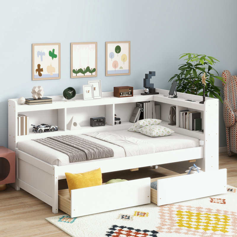 Full Size Bookcases Bed with Power Outlets, USB Charging Ports and Two Drawers, Twin, White