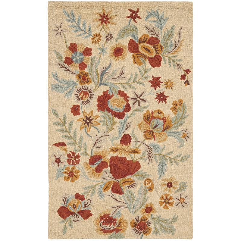 Emrick Hand Hooked Wool/Cotton/Latex Floral Rug in Beige, Rectangle 4' x 6'