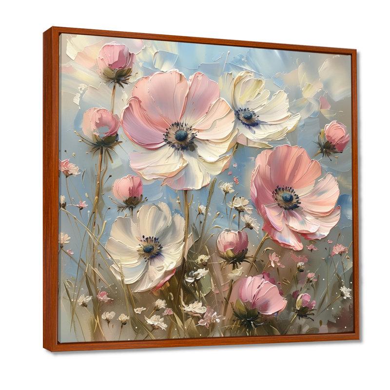 Rose blanc délicat Poppy Meadows - coquelicots, art mural, Cadre flottant brun, H 16 po x l 16 po
