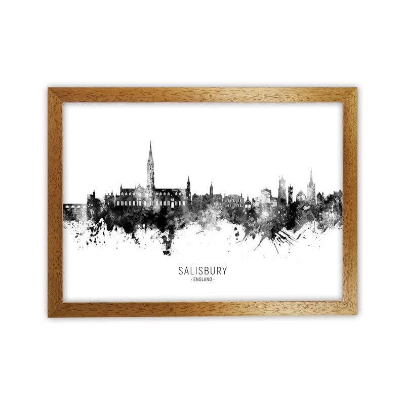 Salisbury England Skyline Black White City Name by Michael Tompsett - Print, 25cm H x 34cm W x 3cm D, Brown Framed