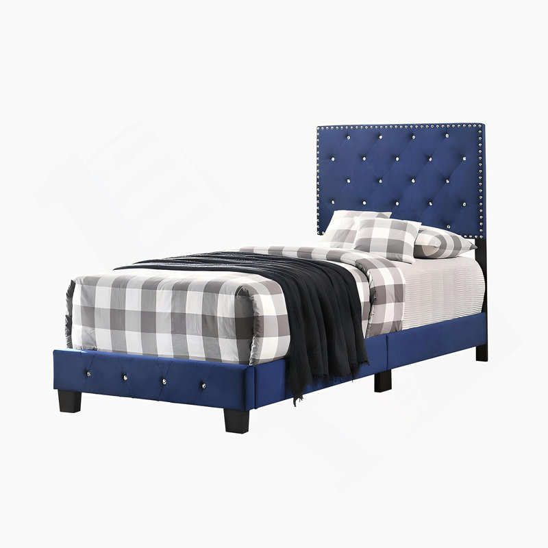 Upholstered Bed Frame With Button Tufted, Twin, Navy Blue