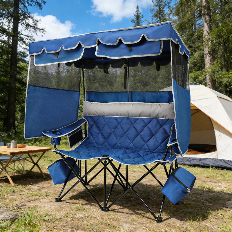 Oversized Double Camping Chair With Canopy, 2-Person Folding Camping Loveseat With Adjustable Sun Shade, Insulated Cup Holders & Detachable Coolers, Heavy-Duty Outdoor Chair For Camping, Beach & Sports Events