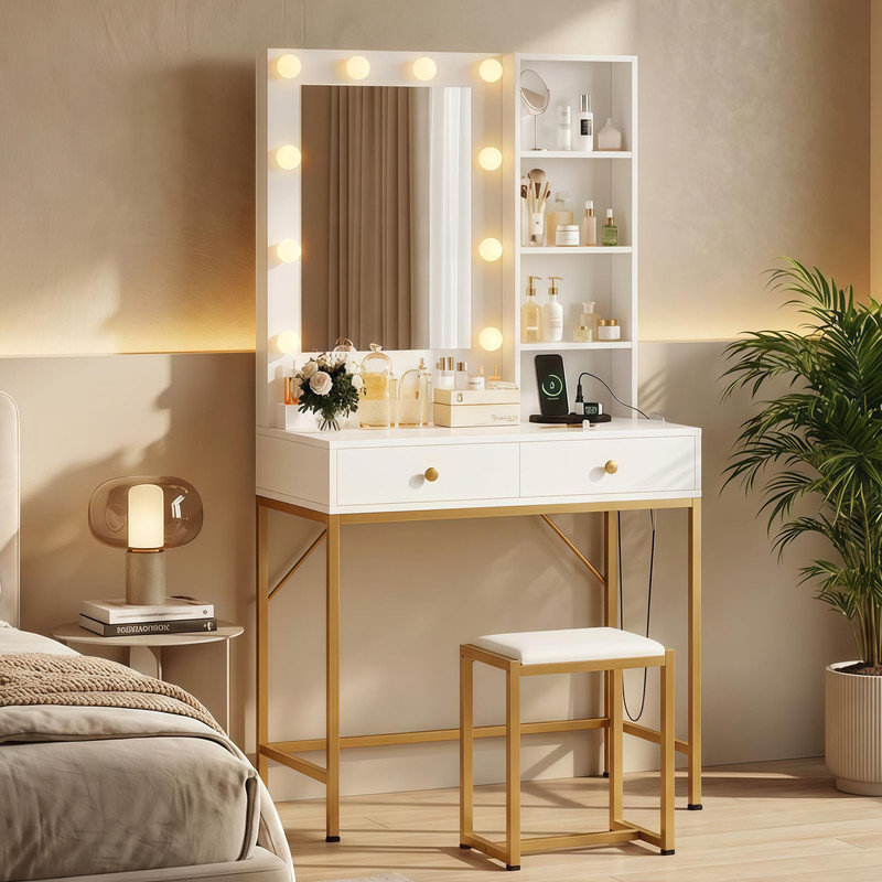Coiffeuse de maquillage blanche et dorée avec miroir lumineux, tabouret, station de charge et tiroirs